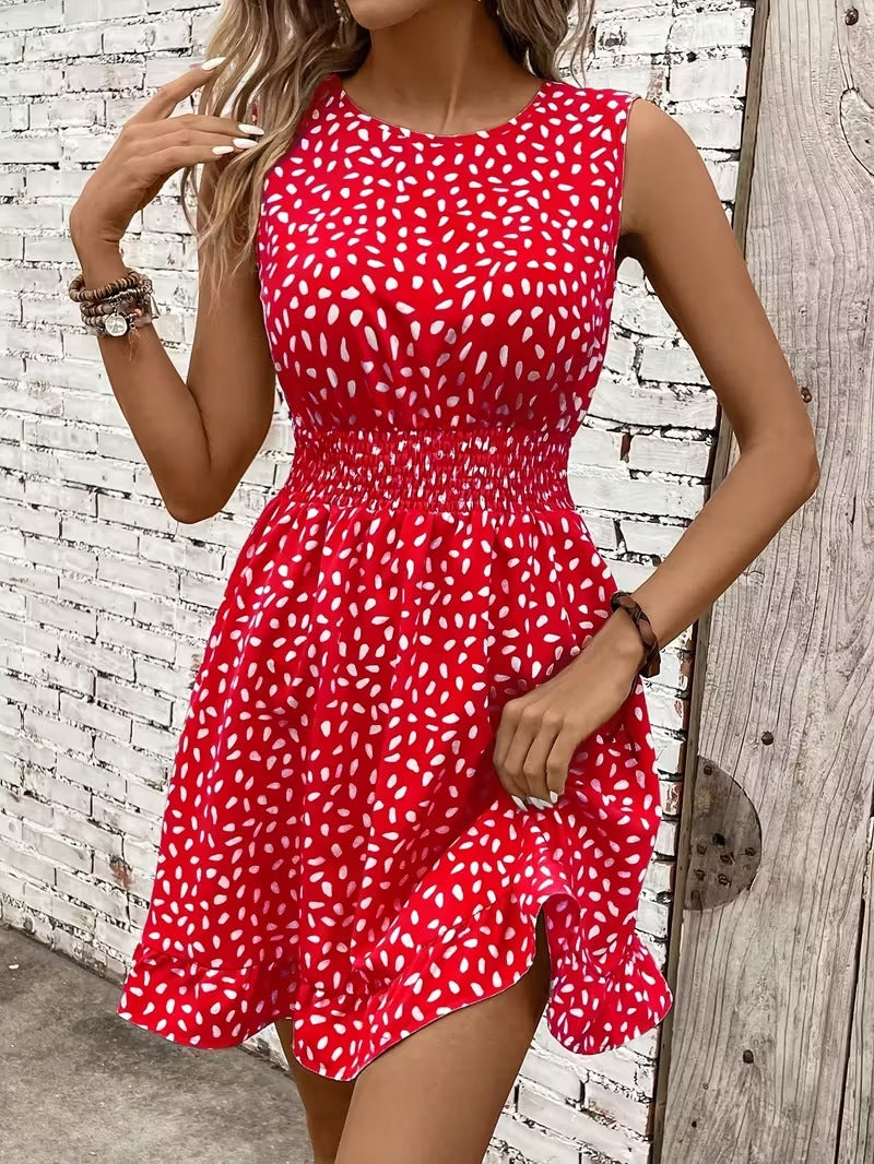 Sleeveless Mini Dress with Crew Neckline and Smocked Waist