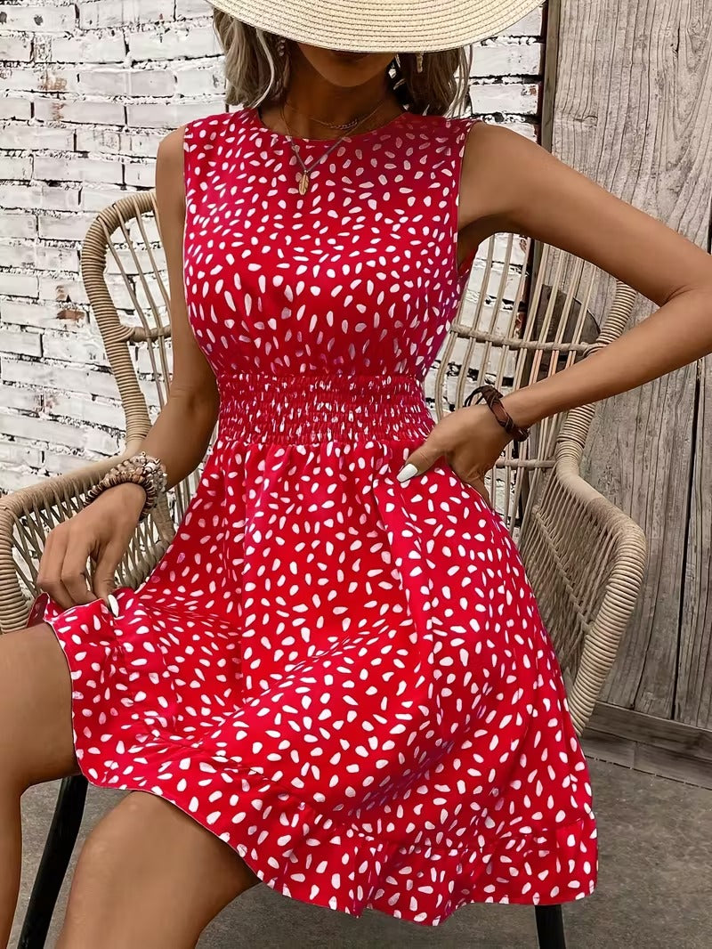 Sleeveless Mini Dress with Crew Neckline and Smocked Waist