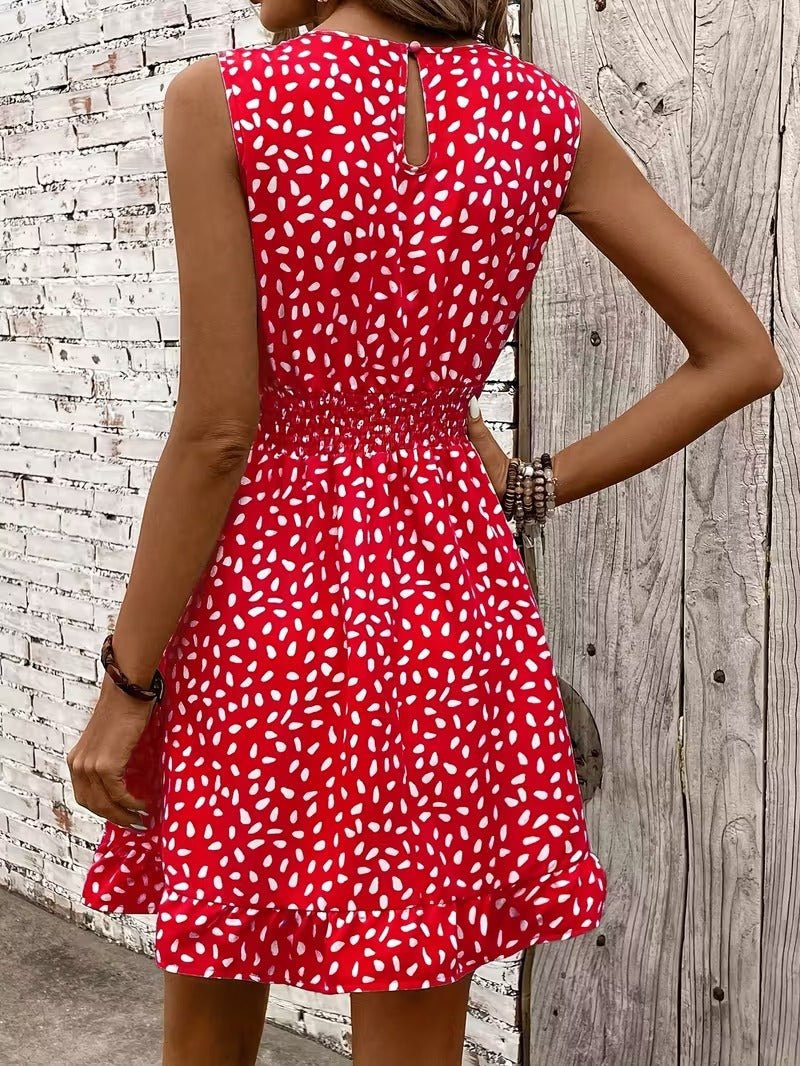 Sleeveless Mini Dress with Crew Neckline and Smocked Waist