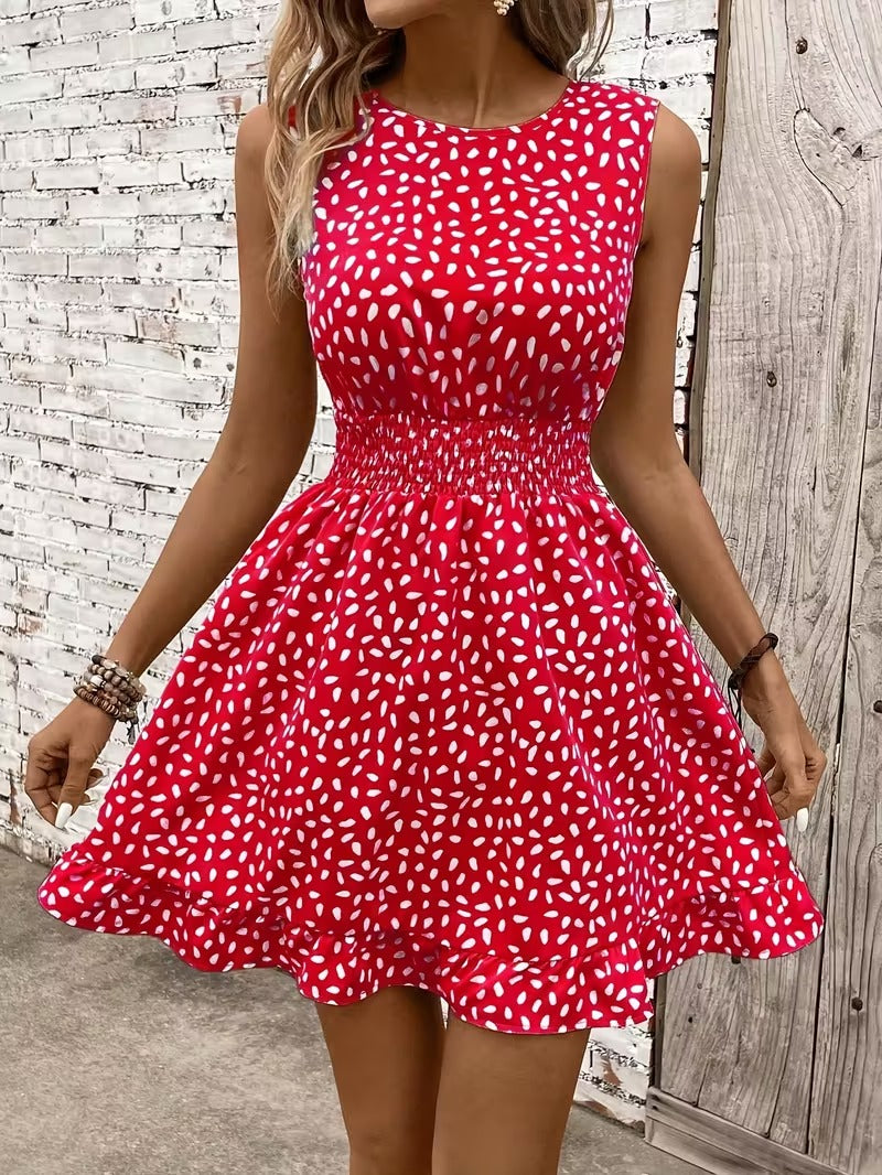 Sleeveless Mini Dress with Crew Neckline and Smocked Waist