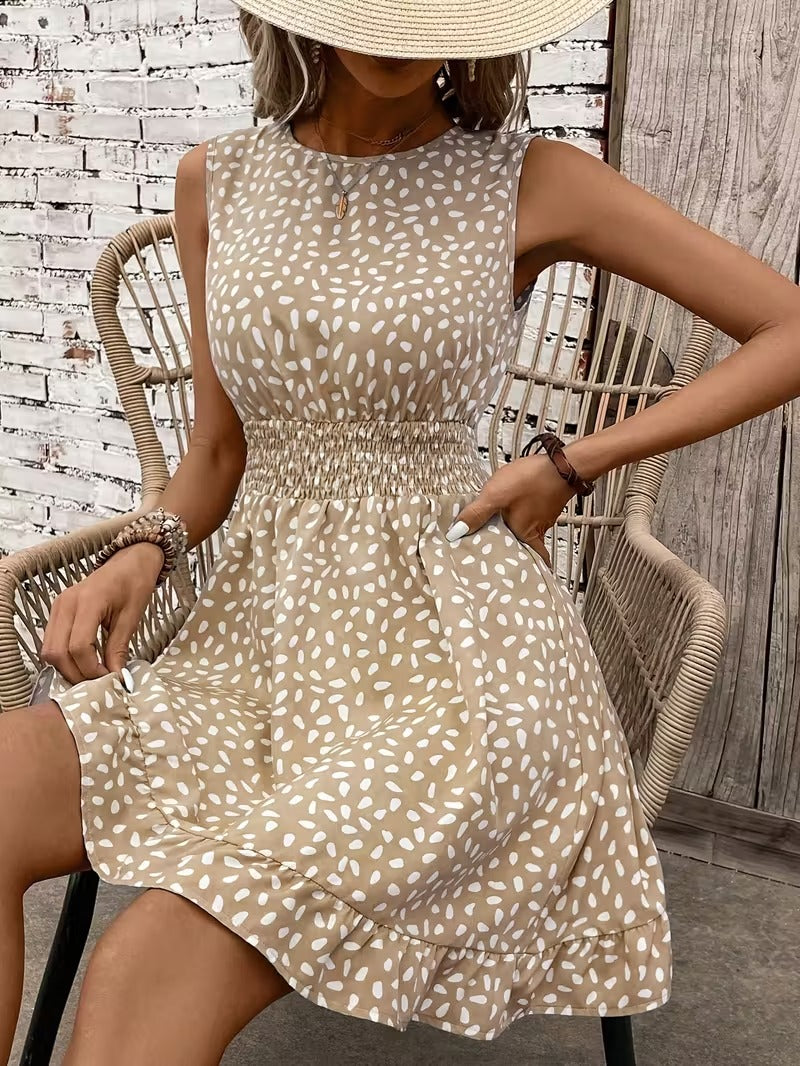 Sleeveless Mini Dress with Crew Neckline and Smocked Waist