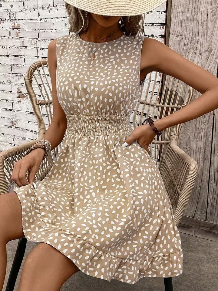 Sleeveless Mini Dress with Crew Neckline and Smocked Waist