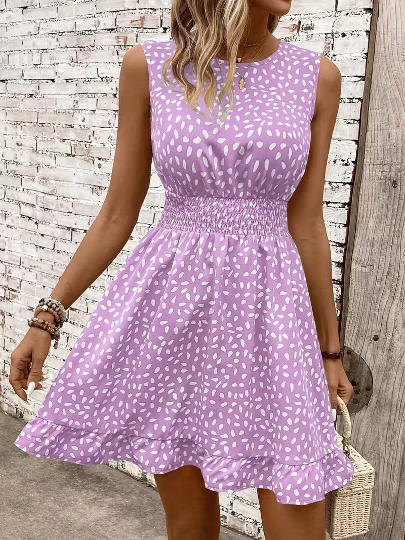 Sleeveless Mini Dress with Crew Neckline and Smocked Waist