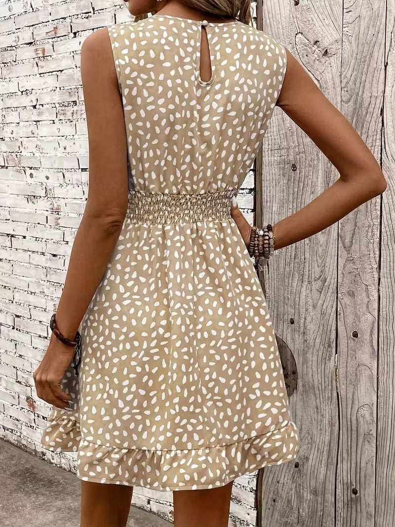 Sleeveless Mini Dress with Crew Neckline and Smocked Waist
