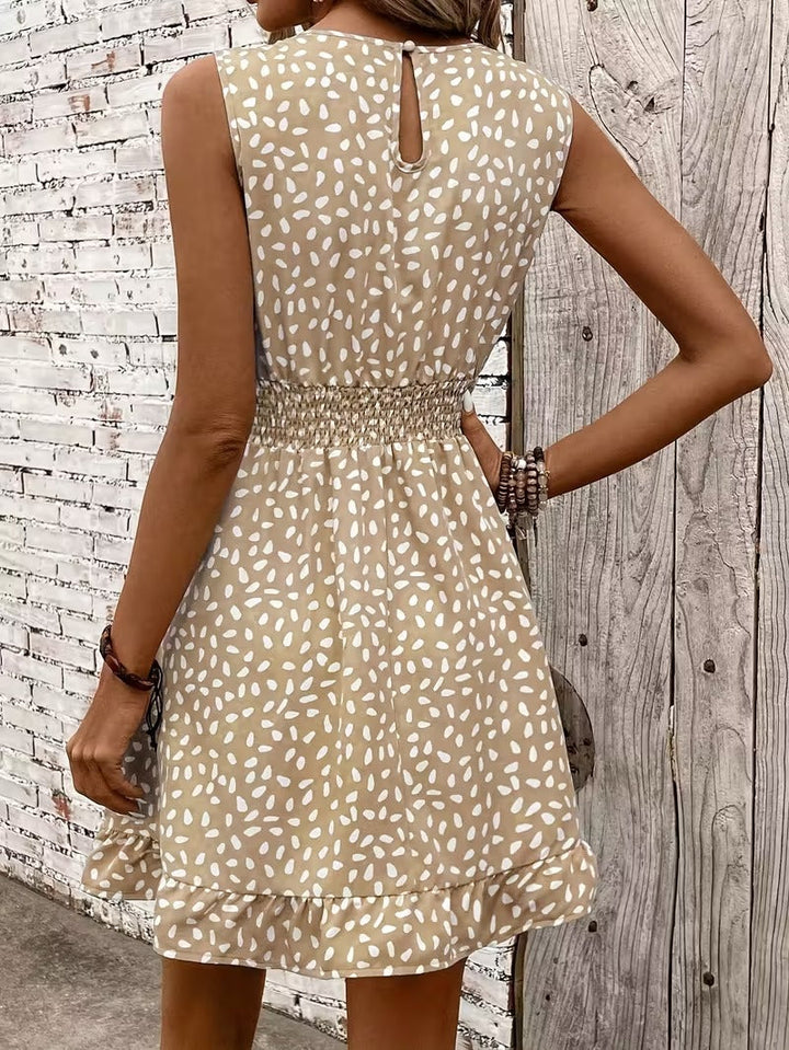 Sleeveless Mini Dress with Crew Neckline and Smocked Waist