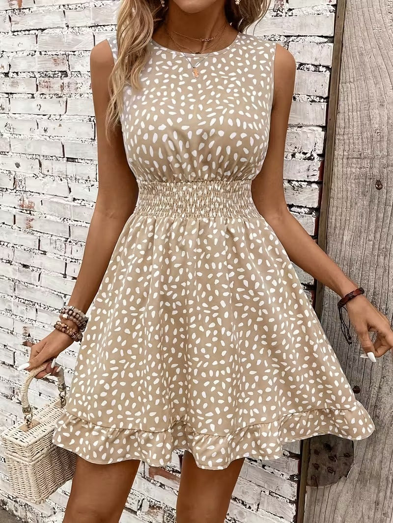 Sleeveless Mini Dress with Crew Neckline and Smocked Waist
