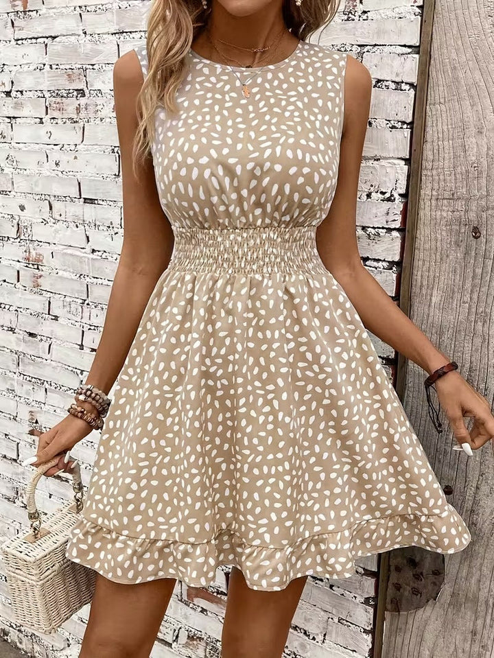 Sleeveless Mini Dress with Crew Neckline and Smocked Waist