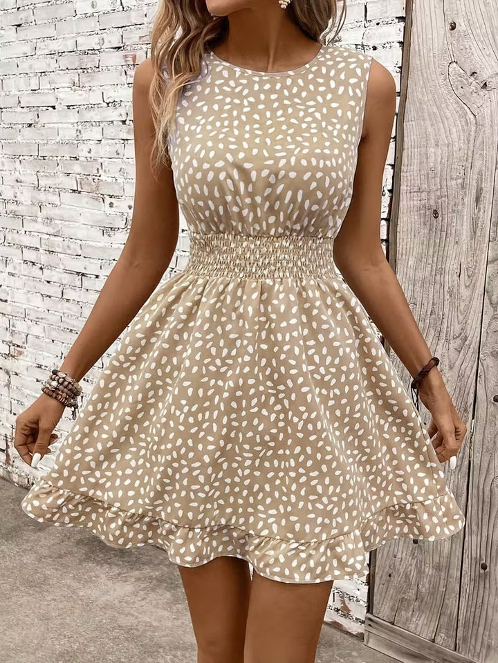 Sleeveless Mini Dress with Crew Neckline and Smocked Waist