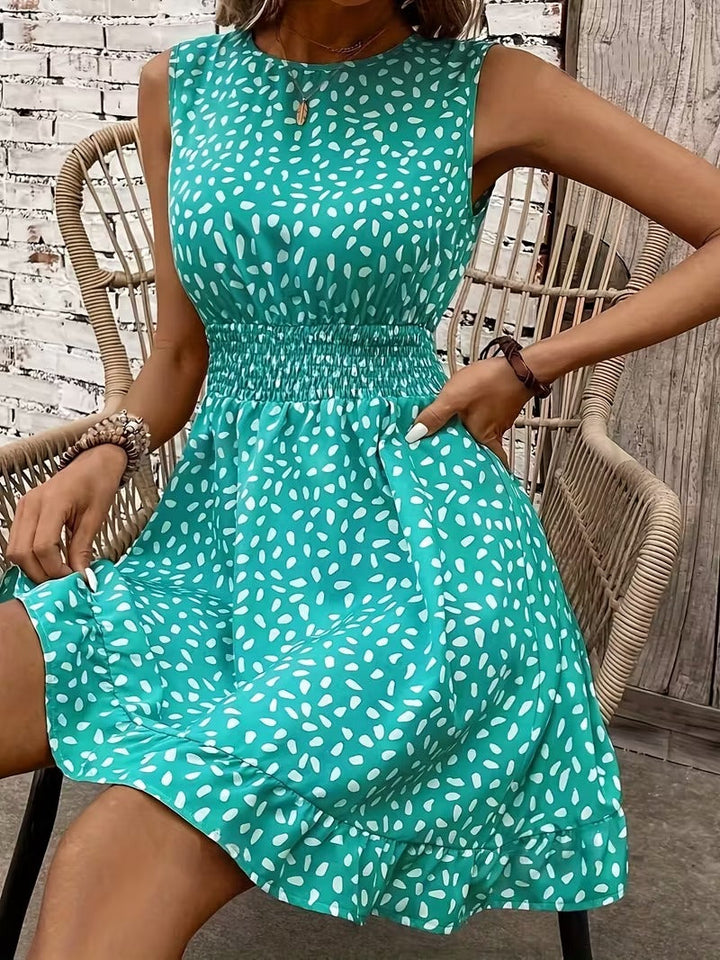 Sleeveless Mini Dress with Crew Neckline and Smocked Waist
