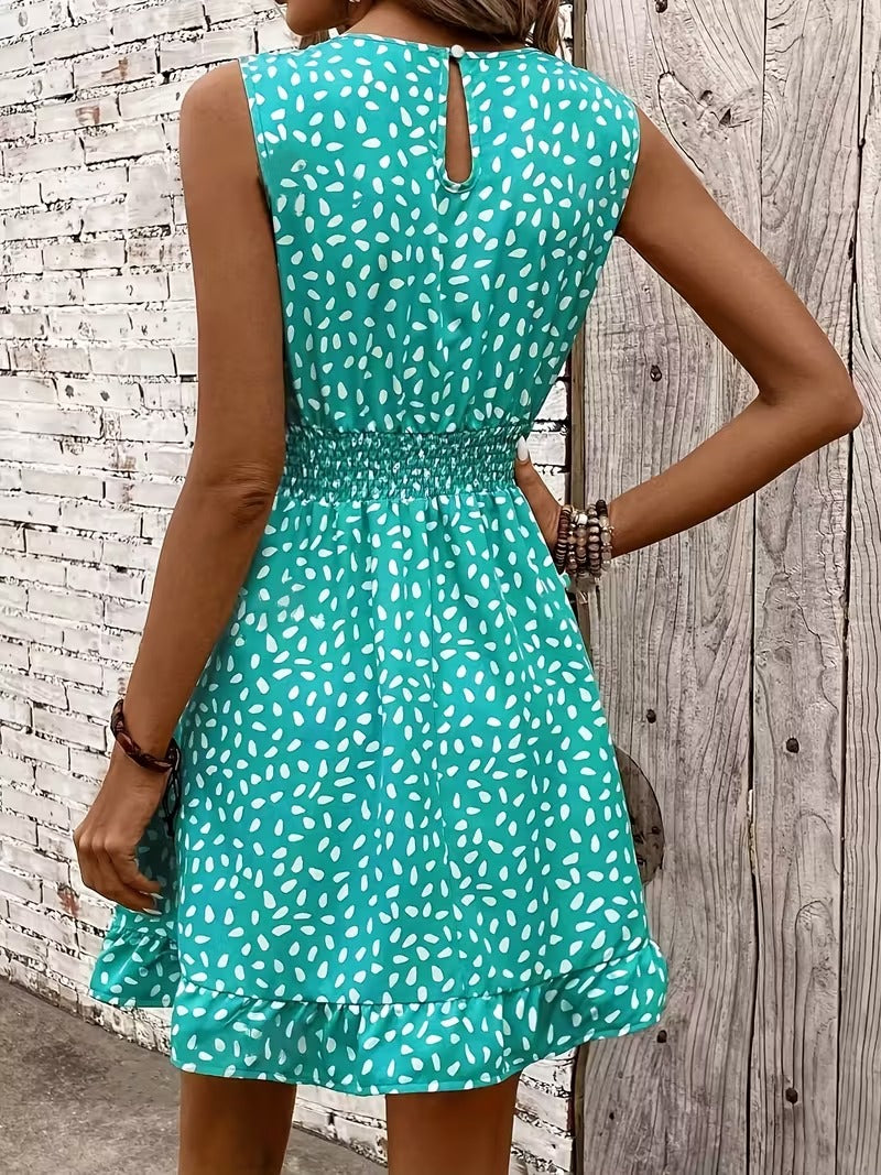 Sleeveless Mini Dress with Crew Neckline and Smocked Waist