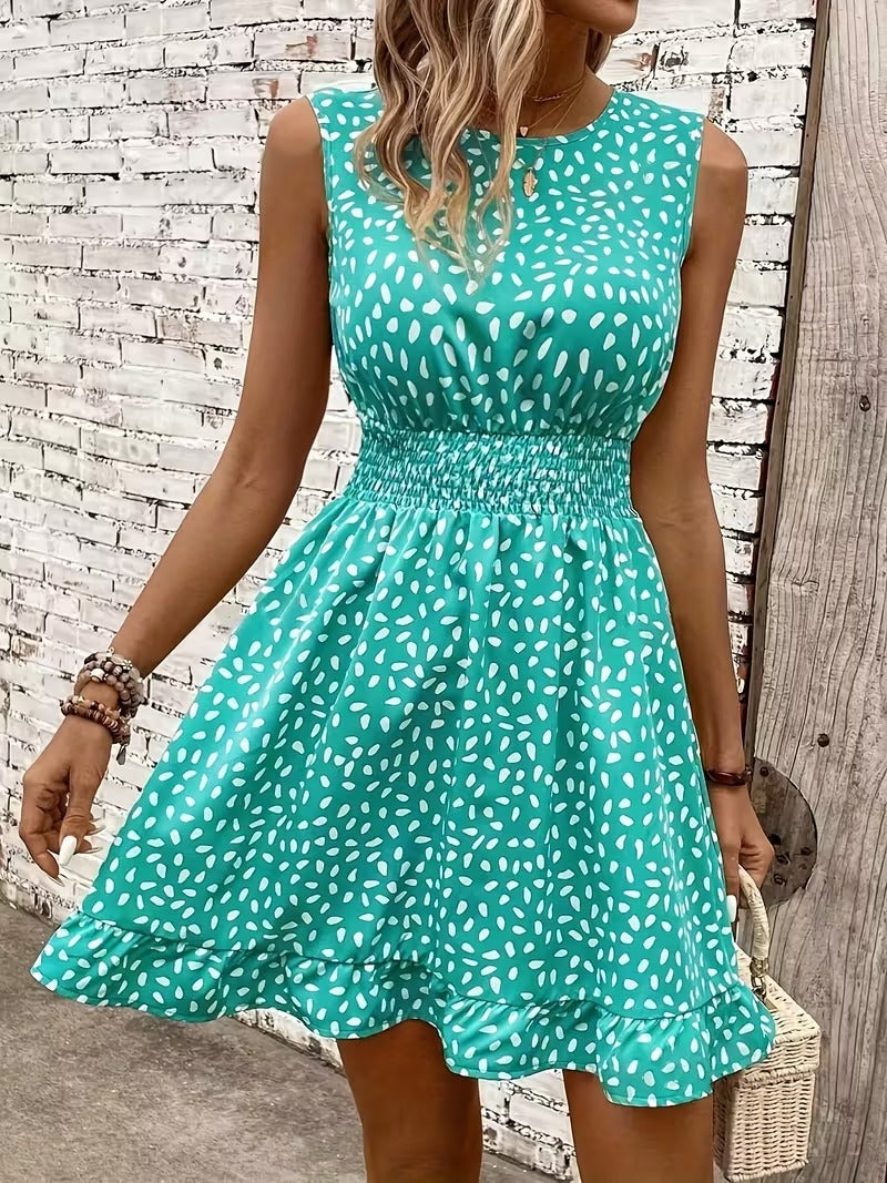 Sleeveless Mini Dress with Crew Neckline and Smocked Waist