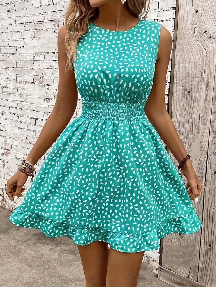 Sleeveless Mini Dress with Crew Neckline and Smocked Waist