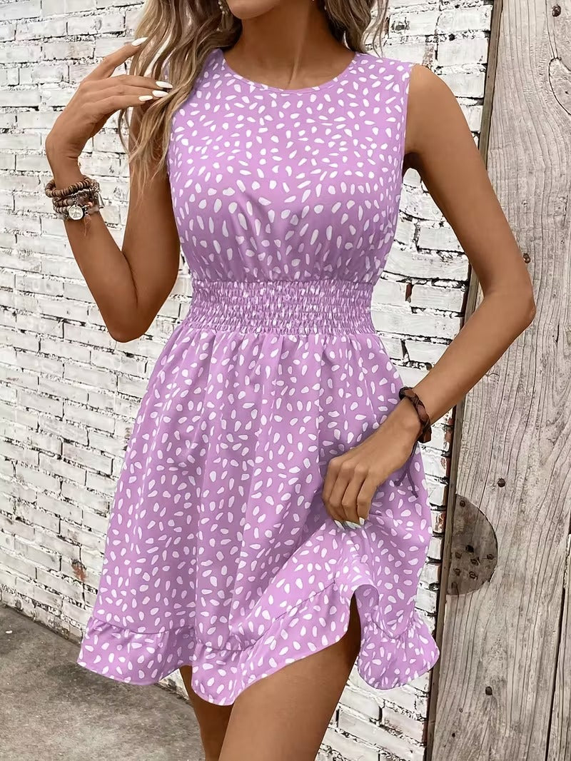 Sleeveless Mini Dress with Crew Neckline and Smocked Waist