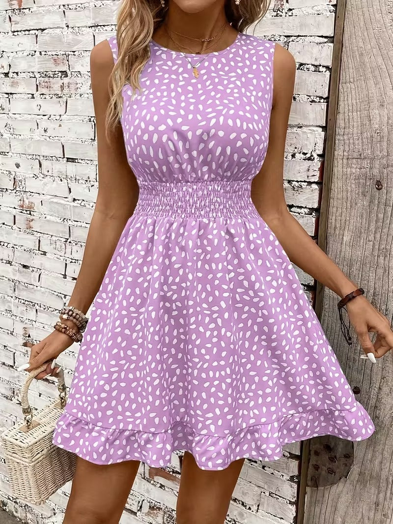 Sleeveless Mini Dress with Crew Neckline and Smocked Waist