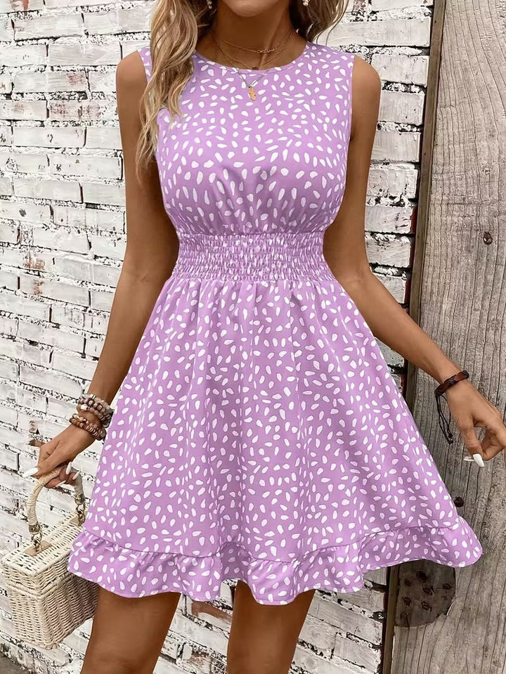 Sleeveless Mini Dress with Crew Neckline and Smocked Waist