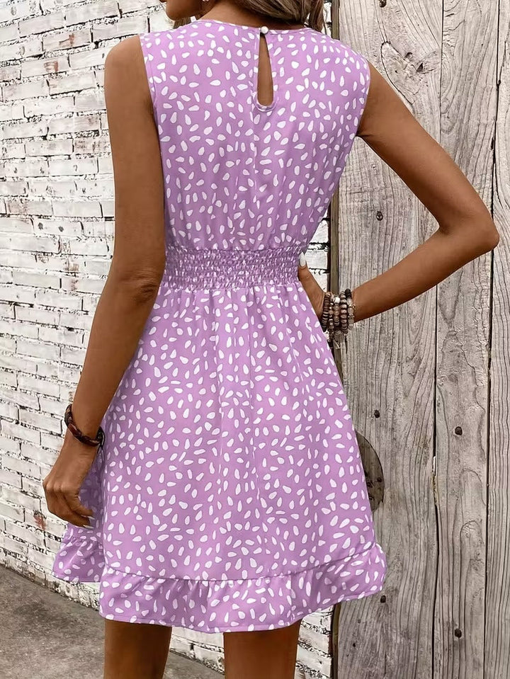 Sleeveless Mini Dress with Crew Neckline and Smocked Waist