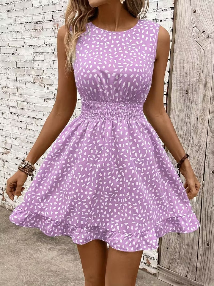 Sleeveless Mini Dress with Crew Neckline and Smocked Waist