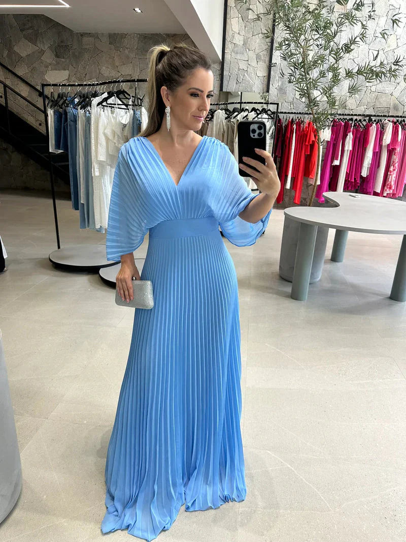 Pleated Kimono Sleeve Maxi Dress with V-Neck