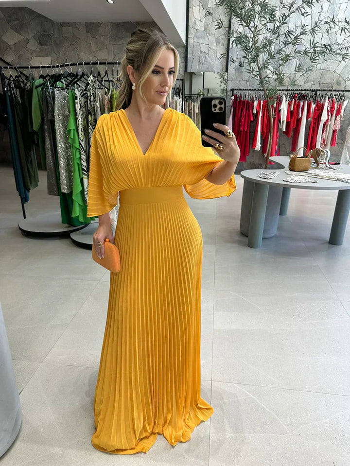 Pleated Kimono Sleeve Maxi Dress with V-Neck