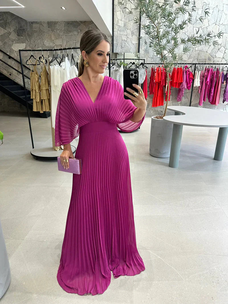 Pleated Kimono Sleeve Maxi Dress with V-Neck