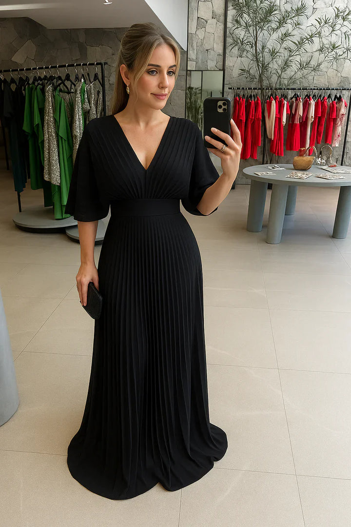 Pleated Kimono Sleeve Maxi Dress with V-Neck