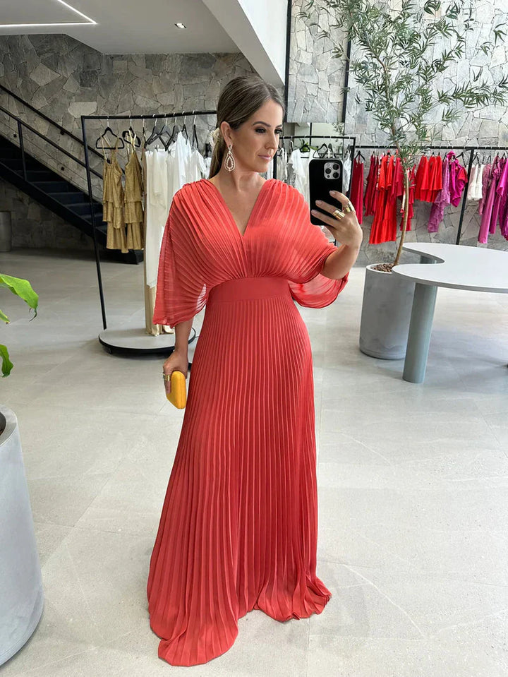Pleated Kimono Sleeve Maxi Dress with V-Neck