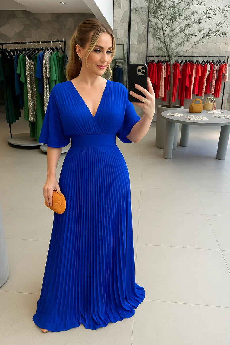 Pleated Kimono Sleeve Maxi Dress with V-Neck