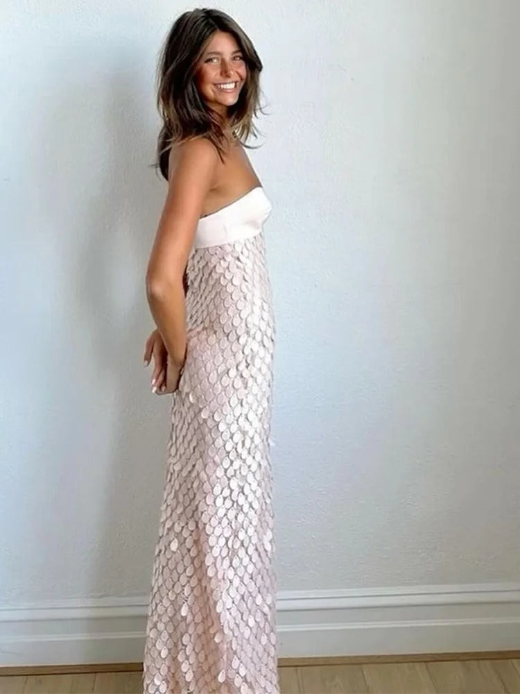 Strapless Fitted Tube Maxi Dress with Teardrop Sequin Overlay