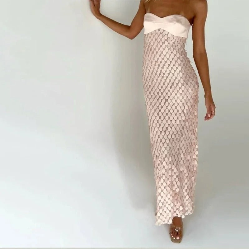 Strapless Fitted Tube Maxi Dress with Teardrop Sequin Overlay
