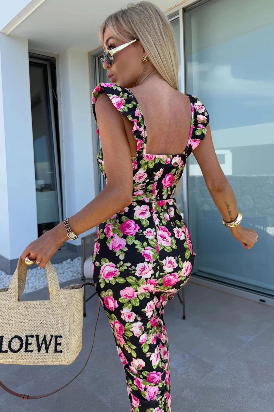 Floral Print Midi Dress with Sweetheart Neckline, Ruffle Cap Sleeves, and Front Slit