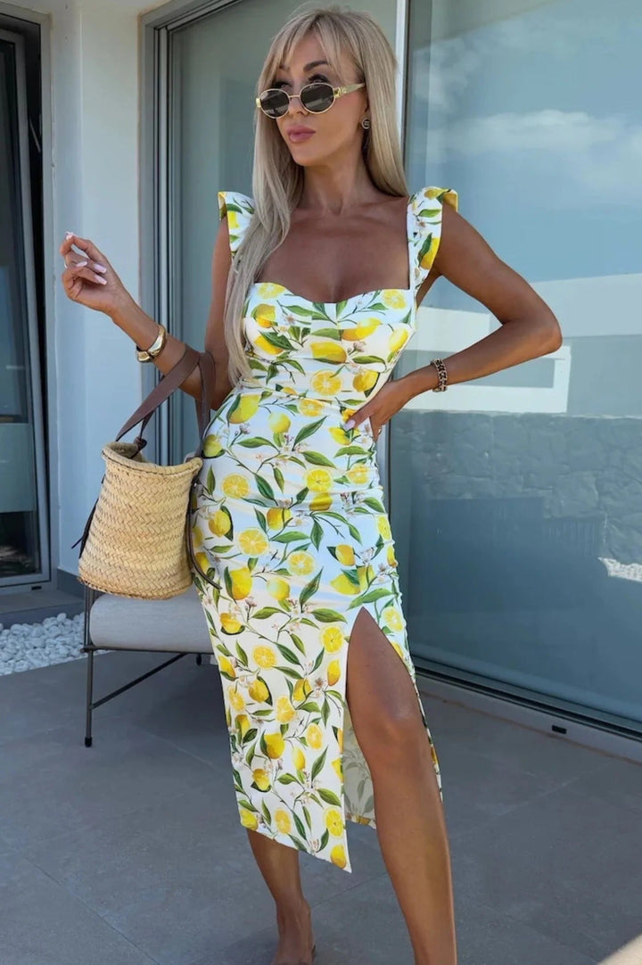 Floral Print Midi Dress with Sweetheart Neckline, Ruffle Cap Sleeves, and Front Slit