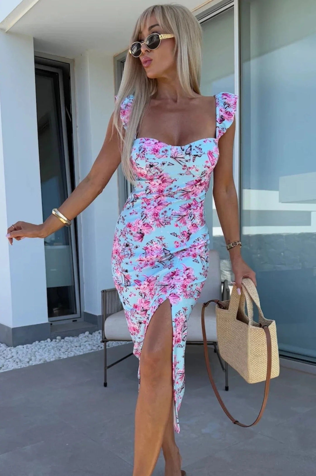 Floral Print Midi Dress with Sweetheart Neckline, Ruffle Cap Sleeves, and Front Slit