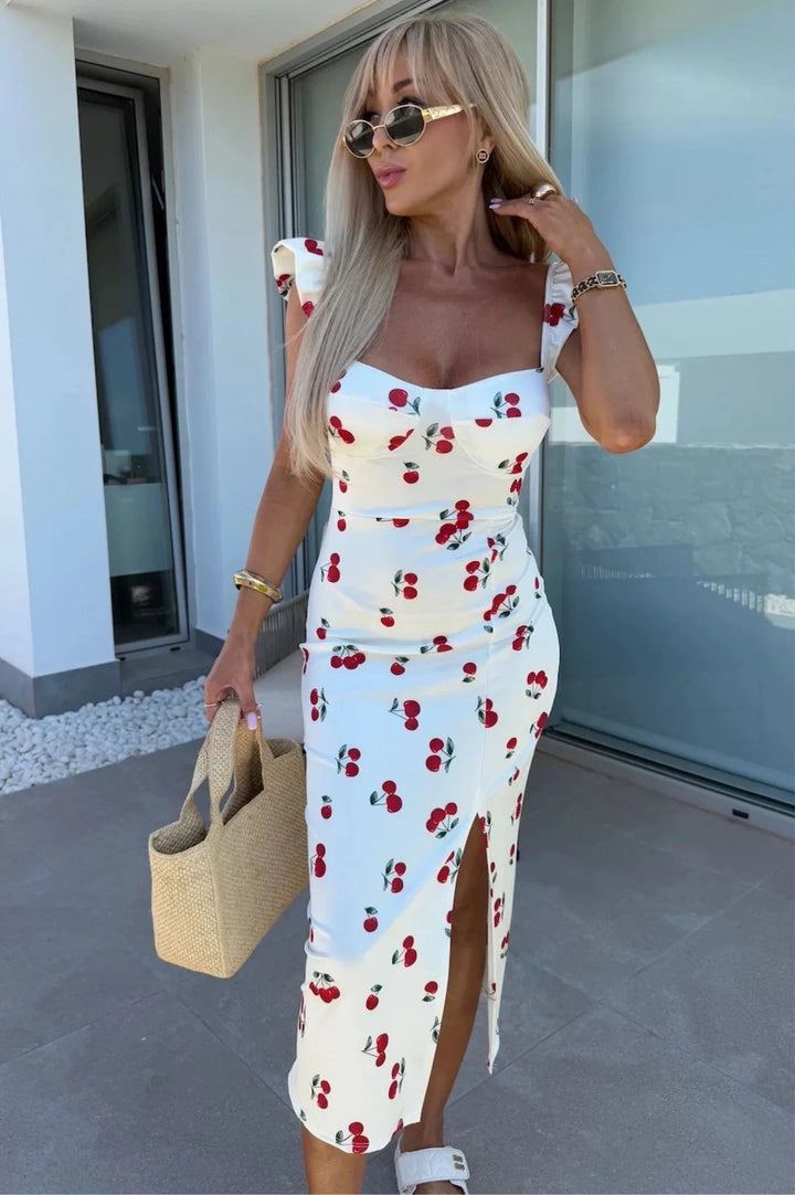 Floral Print Midi Dress with Sweetheart Neckline, Ruffle Cap Sleeves, and Front Slit