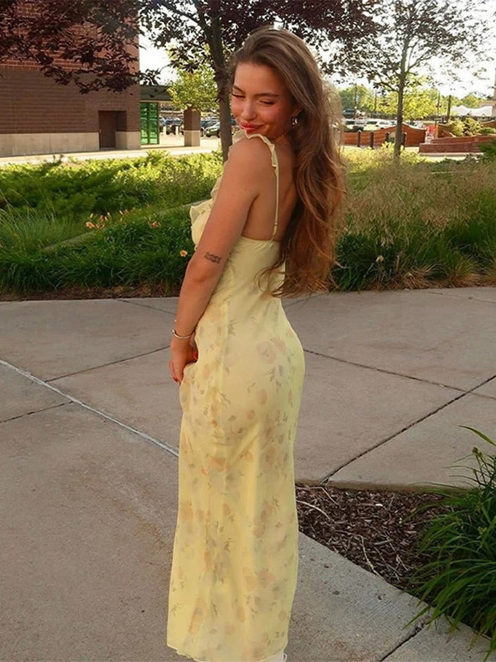 Maxi Slip Dress with Ruffle Trim Straps and Floral Print