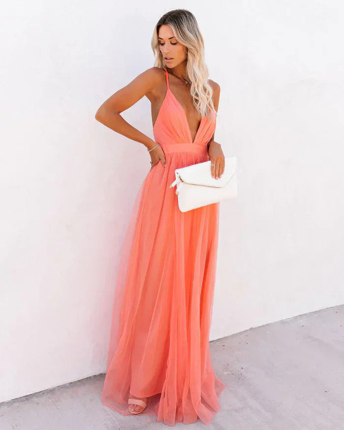 V-Neck Maxi Dress with Spaghetti Straps and Cross-Back Detail