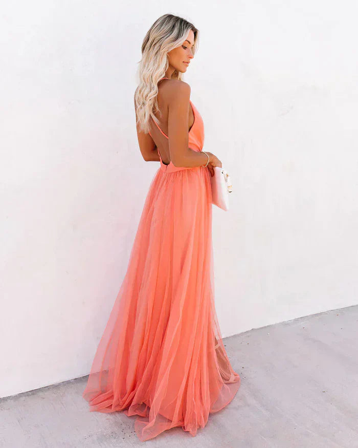 V-Neck Maxi Dress with Spaghetti Straps and Cross-Back Detail