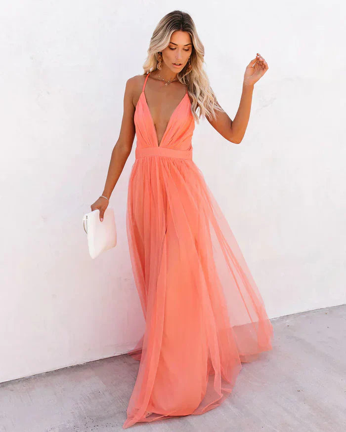 V-Neck Maxi Dress with Spaghetti Straps and Cross-Back Detail
