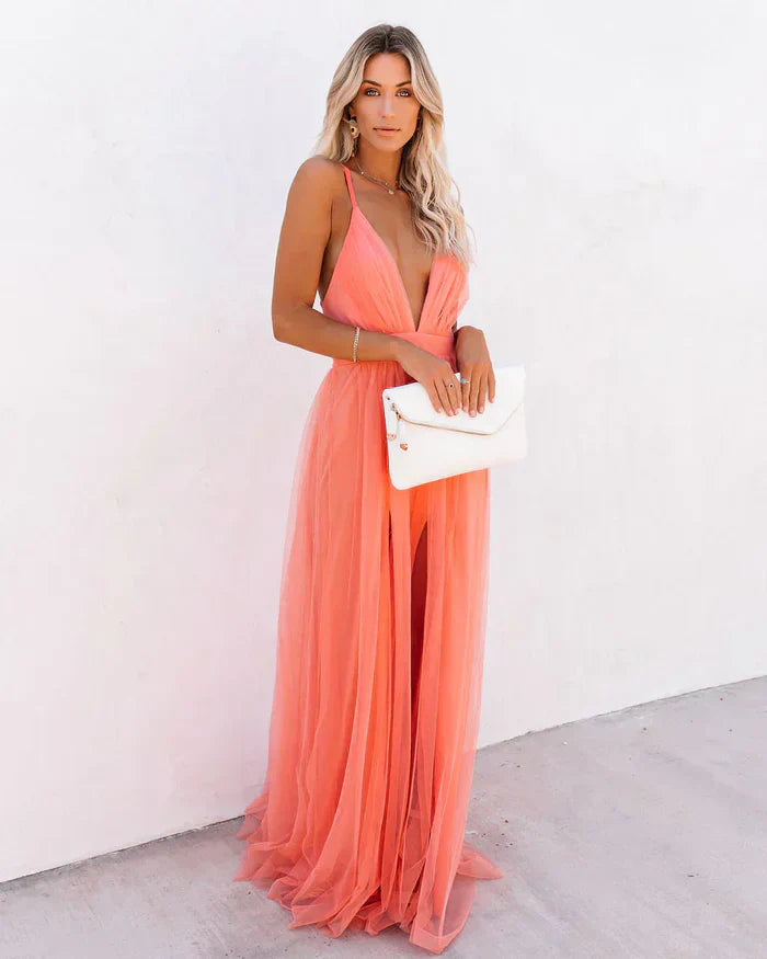 V-Neck Maxi Dress with Spaghetti Straps and Cross-Back Detail