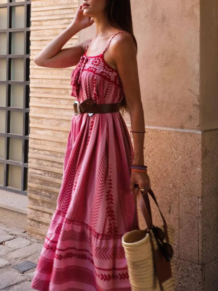 Maxi Dress with Spaghetti Straps and Embroidered Bodice