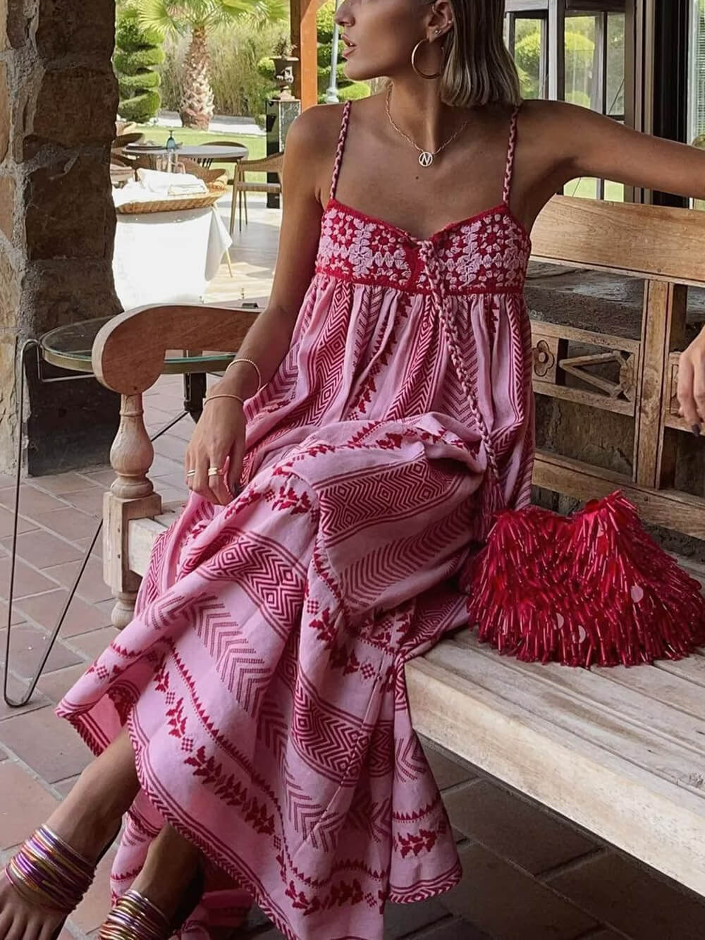 Maxi Dress with Spaghetti Straps and Embroidered Bodice