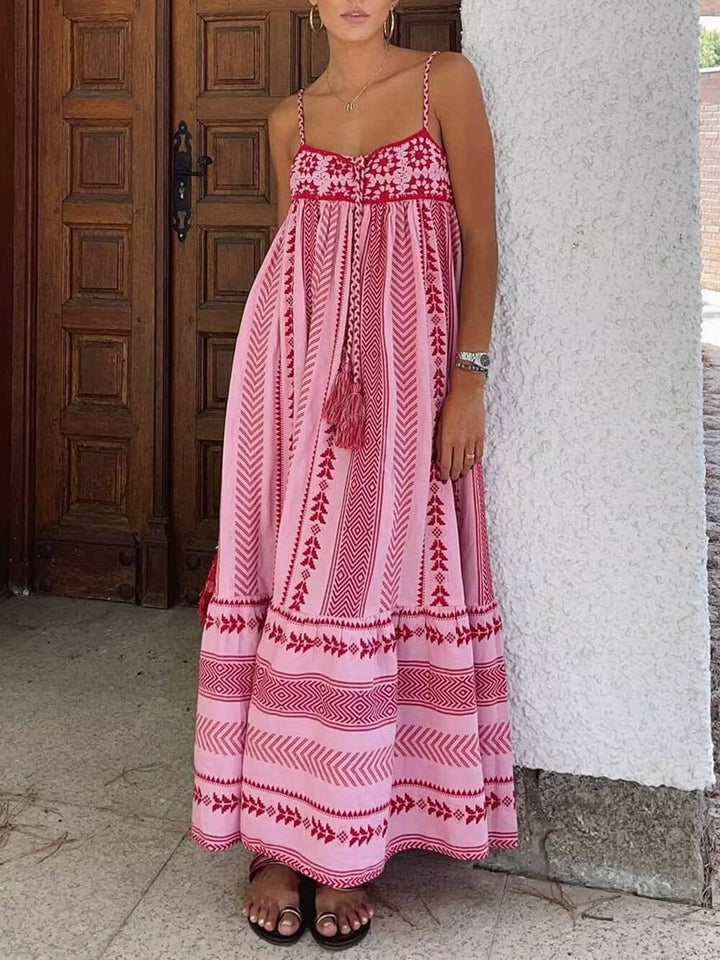 Maxi Dress with Spaghetti Straps and Embroidered Bodice