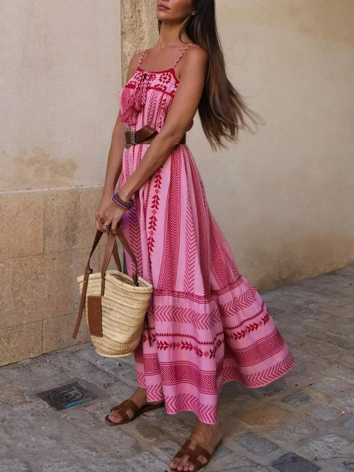 Maxi Dress with Spaghetti Straps and Embroidered Bodice