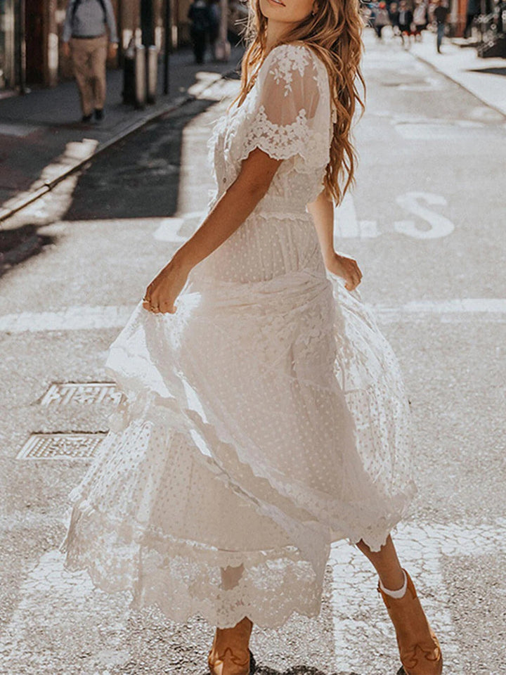 Midi Dress with V-Neckline, Button Placket, and Ruffle Trim