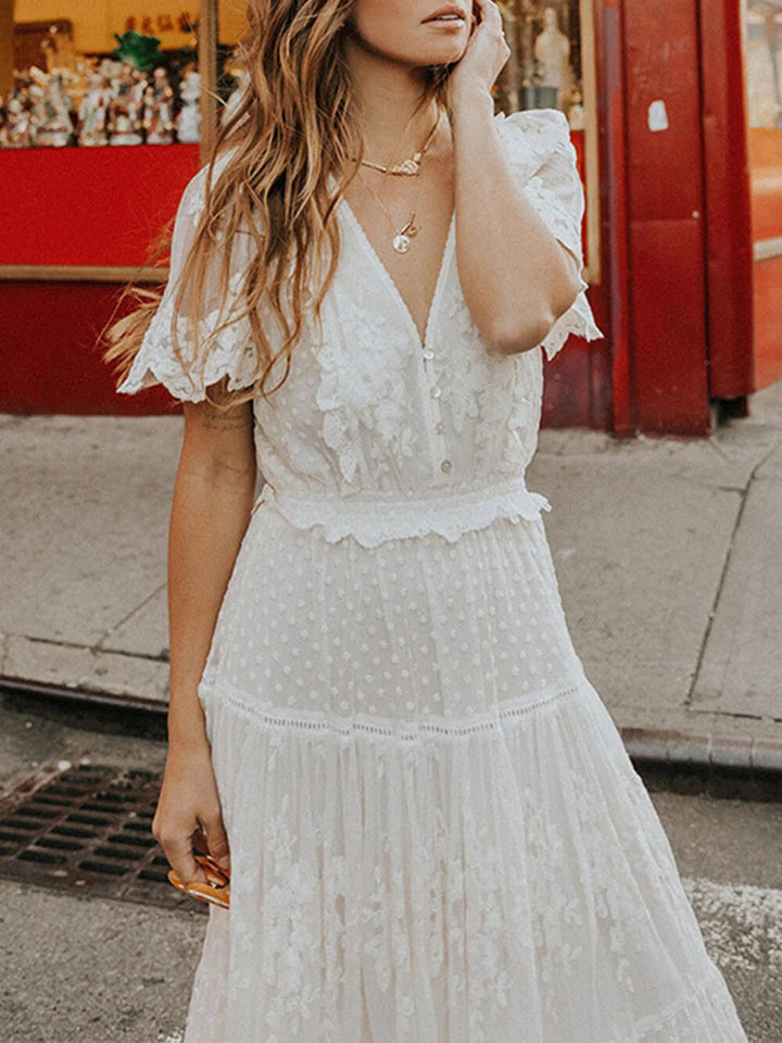 Midi Dress with V-Neckline, Button Placket, and Ruffle Trim