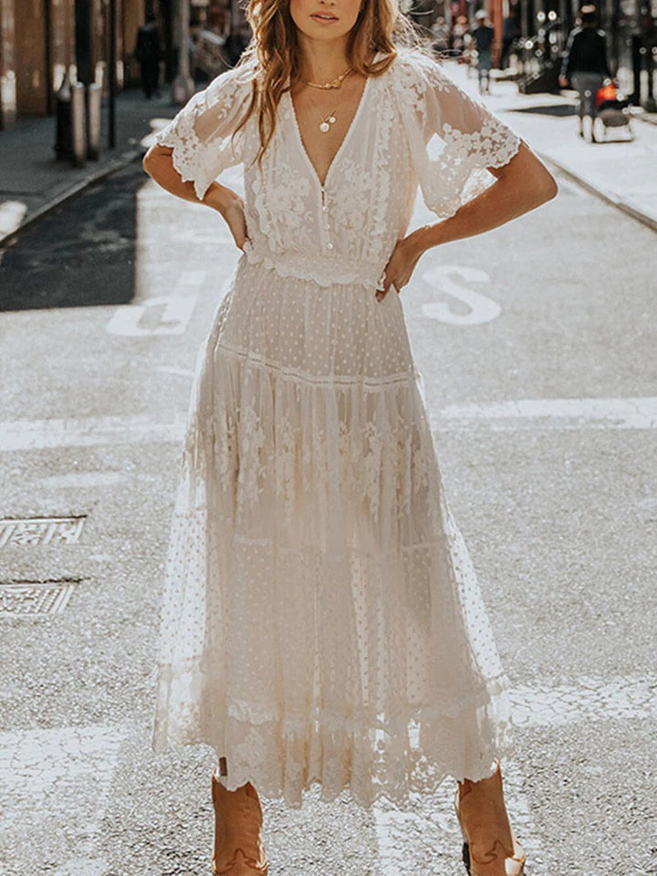 Midi Dress with V-Neckline, Button Placket, and Ruffle Trim