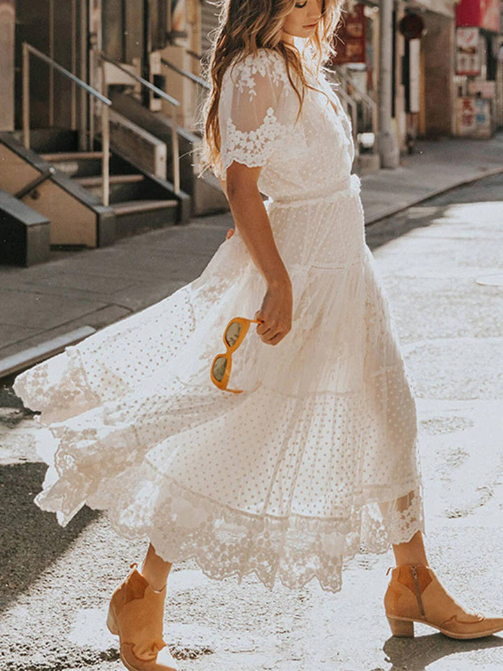 Midi Dress with V-Neckline, Button Placket, and Ruffle Trim