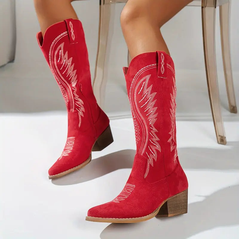 Mid-Calf Western Boots with Pointed Toe and Embroidered Shaft