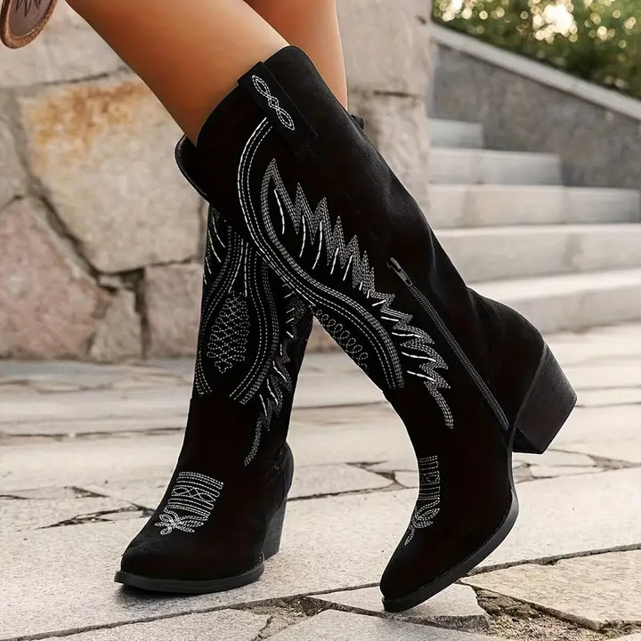Mid-Calf Western Boots with Pointed Toe and Embroidered Shaft