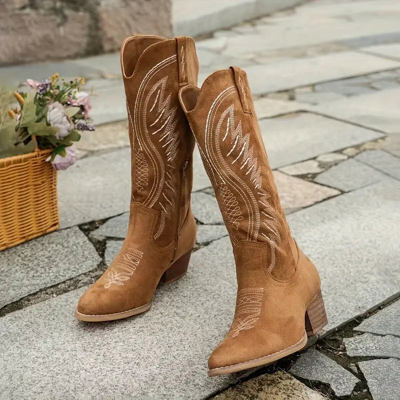Mid-Calf Western Boots with Pointed Toe and Embroidered Shaft