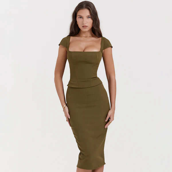 Square Neckline Midi Dress with Cap Sleeves and Peplum Detail